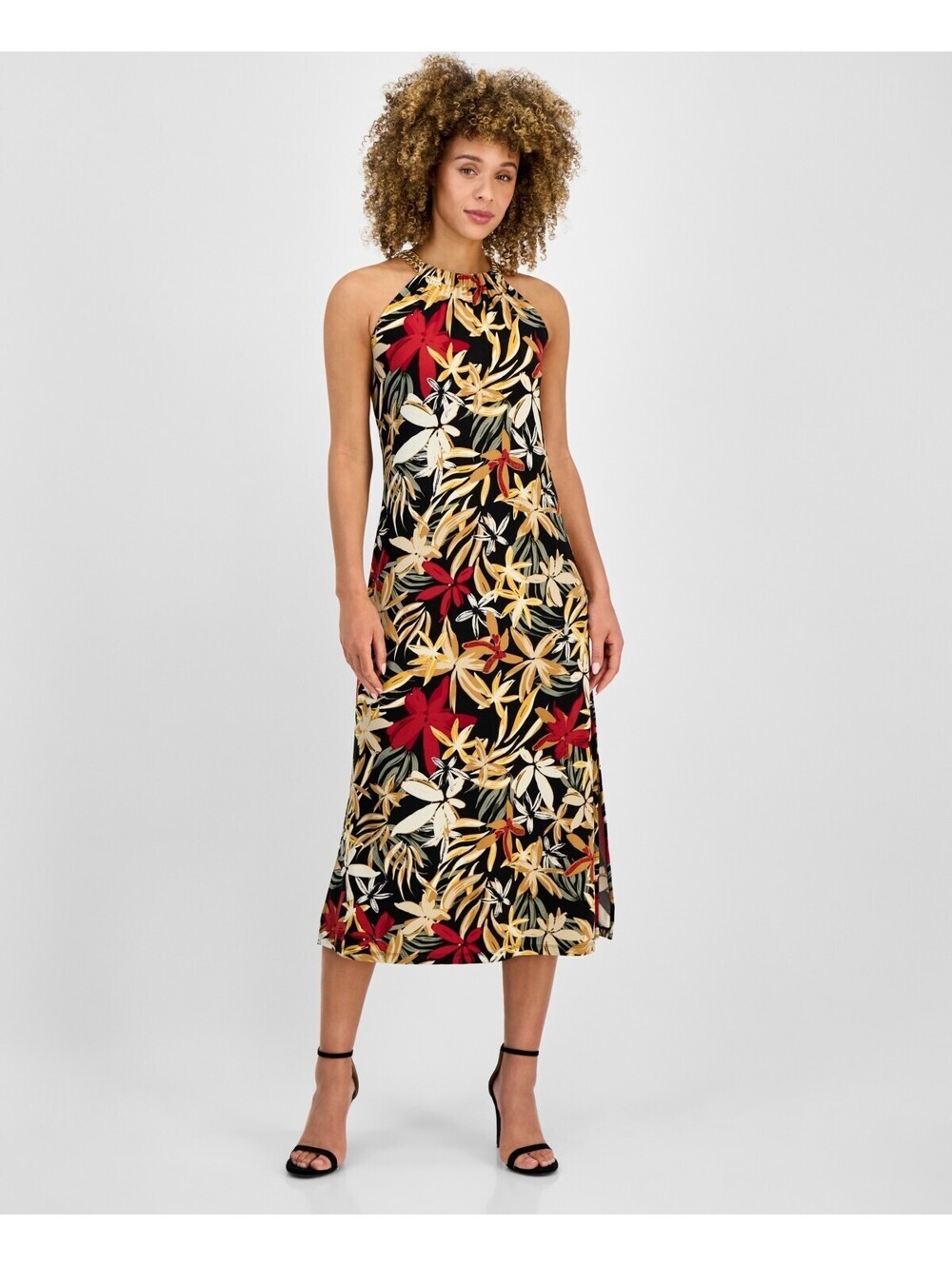 Anne Klein Women’s Printed Halter Midi Dress Black Multi Size 8